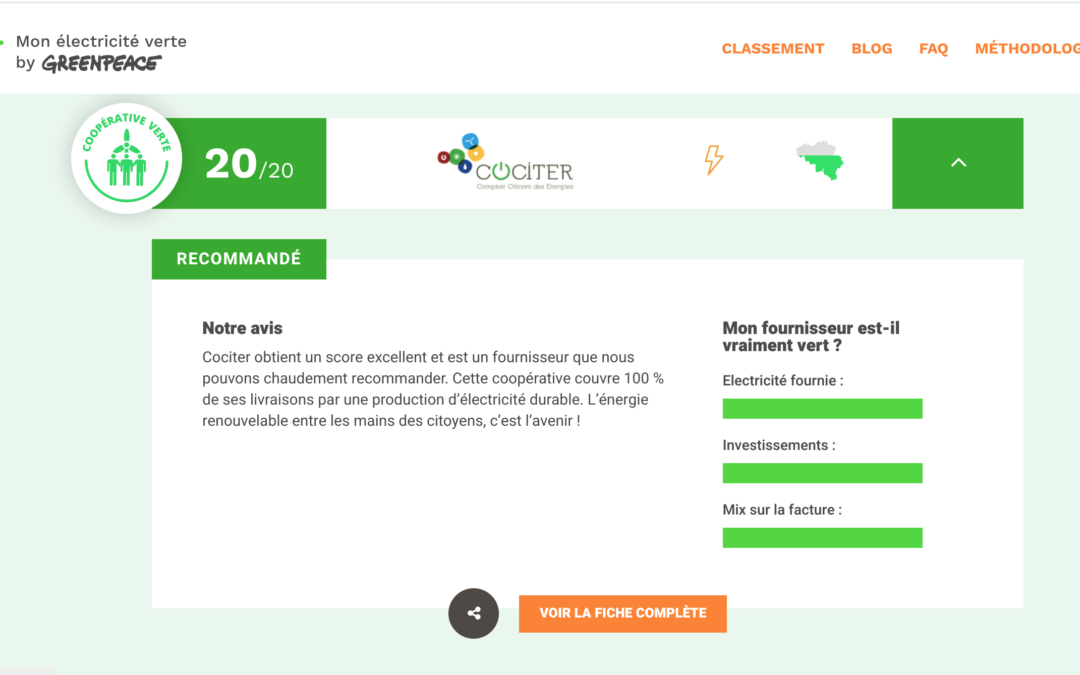 Cociter obtient de nouveau 20/20 au Classement Greenpeace